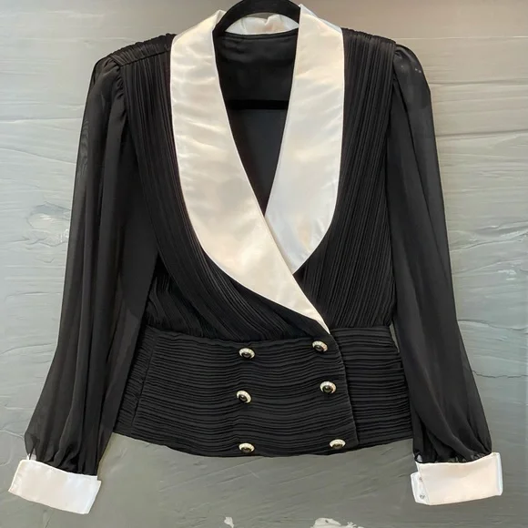 Vintage MISS ELLIETTE Dress Blk Chiffon/White Trim Formal Evening Long Gown Sz 6 - Picture 3 of 11